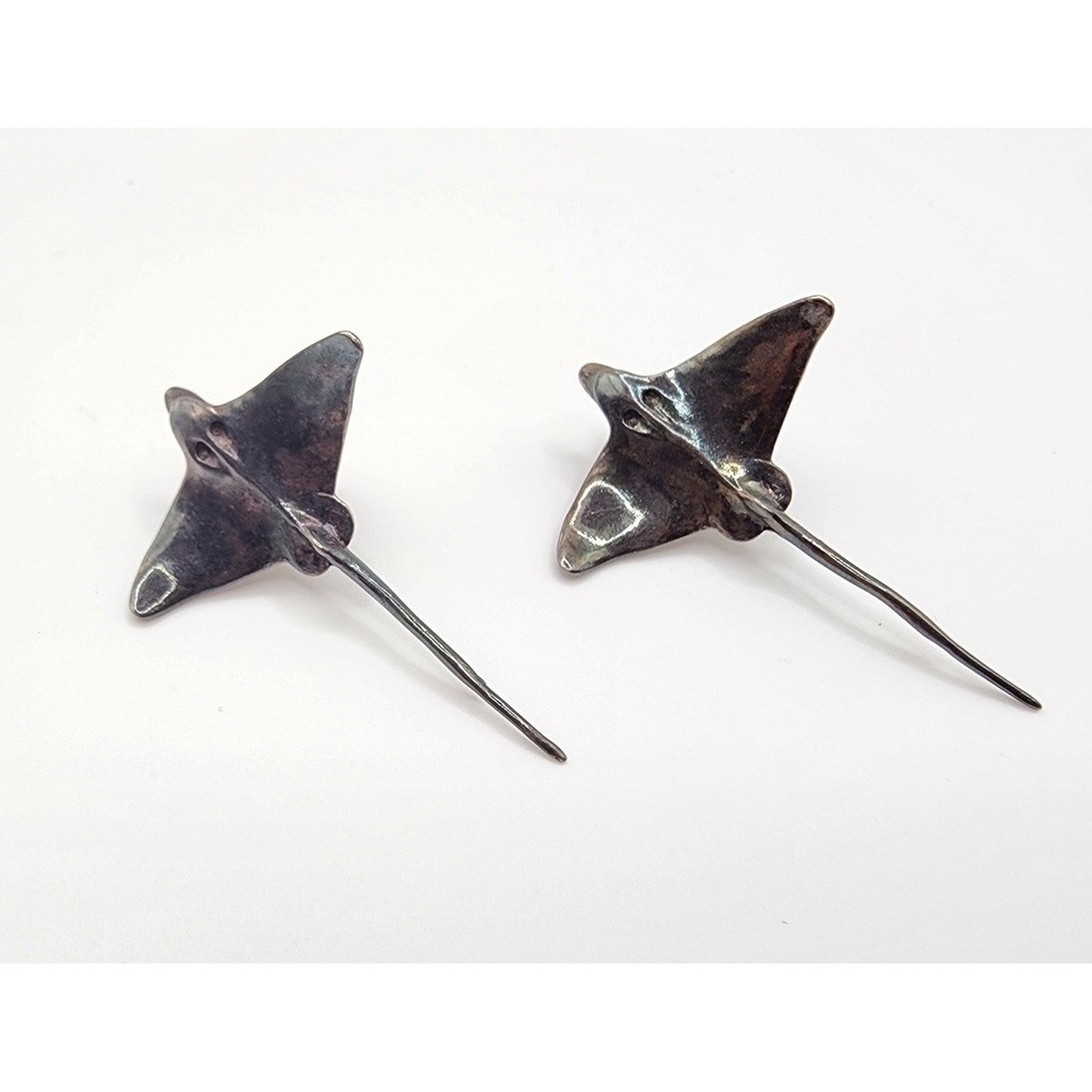 Vintage Sterling Silver 925 Stingray‎ Manta Ray Stud Earrings Women 1.5" Tarnish